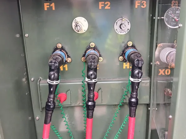 Fusibles y conexiones de media tensión dentro del transformador tipo pedestal